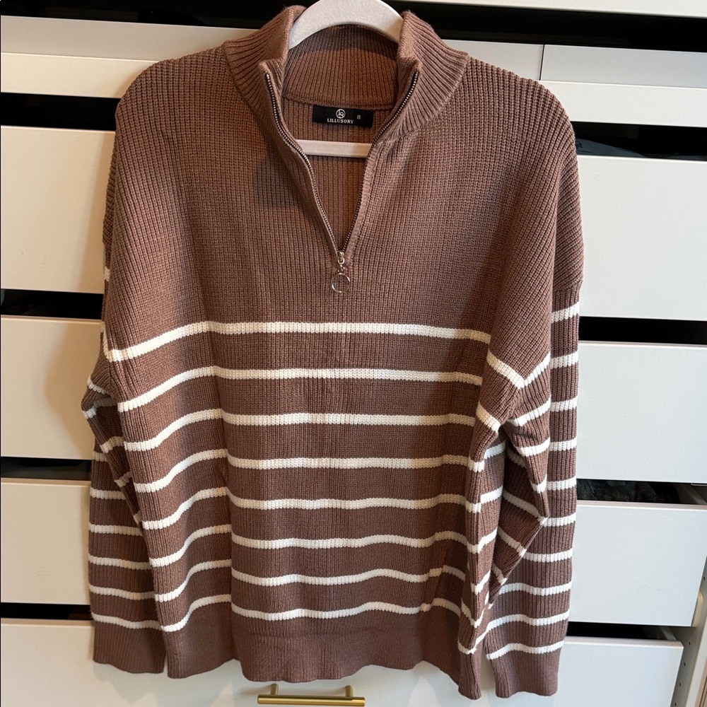 Striped Quarter-Zip Knit Sweater - Brown & White